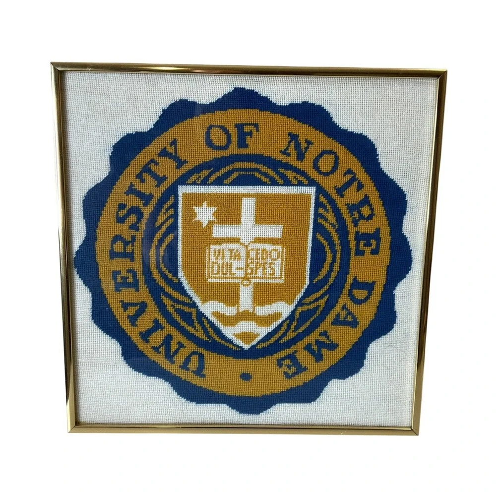 Vintage 1978 University of Notre Dame Fighting Irish Needlepoint Framed Decor